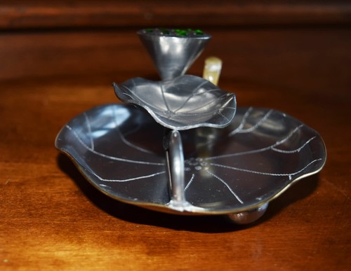Chinese Pewter Brush Rest ~ Jade Handle ~ Lotus Flower Seeds Peridot Stones - Picture 8 of 12