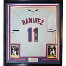 Framed Facsimile Autographed Jose Ramirez 33x42 Grey Reprint Laser Auto Jersey