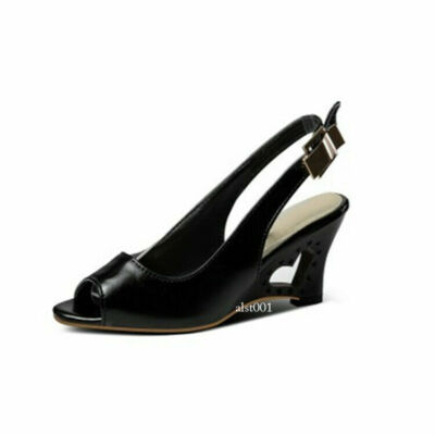 Womens Casual Wedge Mid Heel Peep Toe Slingback Sandals Ankle