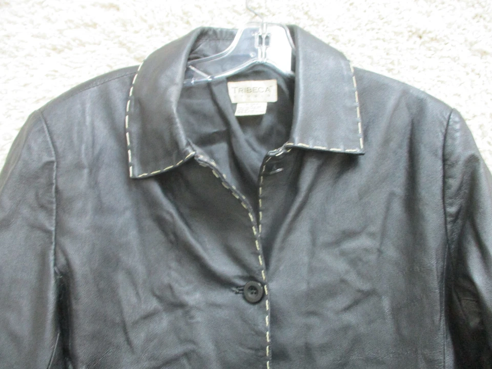 ВИНТАЖНЫЙ Tribeca Studio кожаная куртка средний взрослый черный карманы женщин M 90-х - Изображение 2 из 4