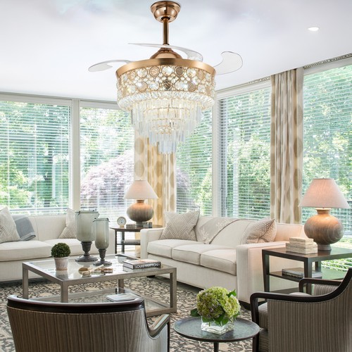 42" Crystal Invisible Ceiling Fan Light Dining Room Chandelier Lamp With Remote - Picture 4 of 16