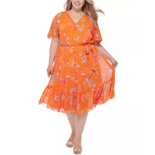 CALVIN KLEIN Plus Size Floral-Print Flutter-Sleeve Belted Midi Dress | 16