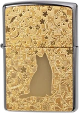 Zippo Cat And Flower Gold Metal Plate One Sided Processing Oil Lighter Regular