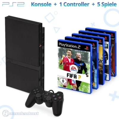 PS2 - MegaSet: Konsole Slim + 5 Spiele + Original Controller + Zub. #schwarz