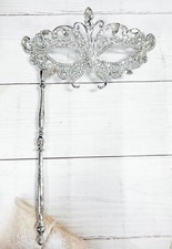 Masquerade Mask with Stick, Wedding Party Silver Mask, Prom Clear Crystal Mask