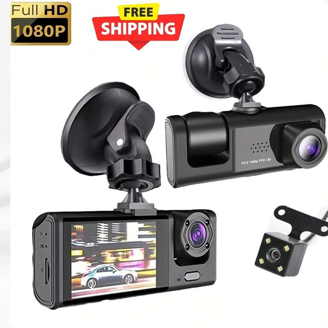 Triple Camera Dash Cam with IR Night Vision, 1080P HD, 2