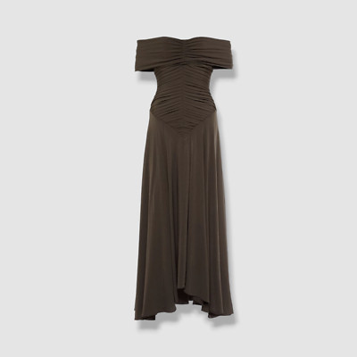 $2800 Khaite Women's Brown Punzel Off-the-Shoulder Fit & Flare Dress Size M