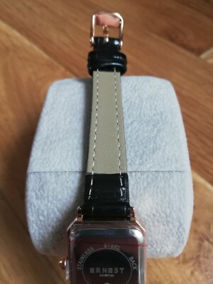 Montre Femme ERNEST à Quartz - Cadran Chiffres Romains, Bracelet Cuir Noir, Boîtier Or Rose, Neuf
