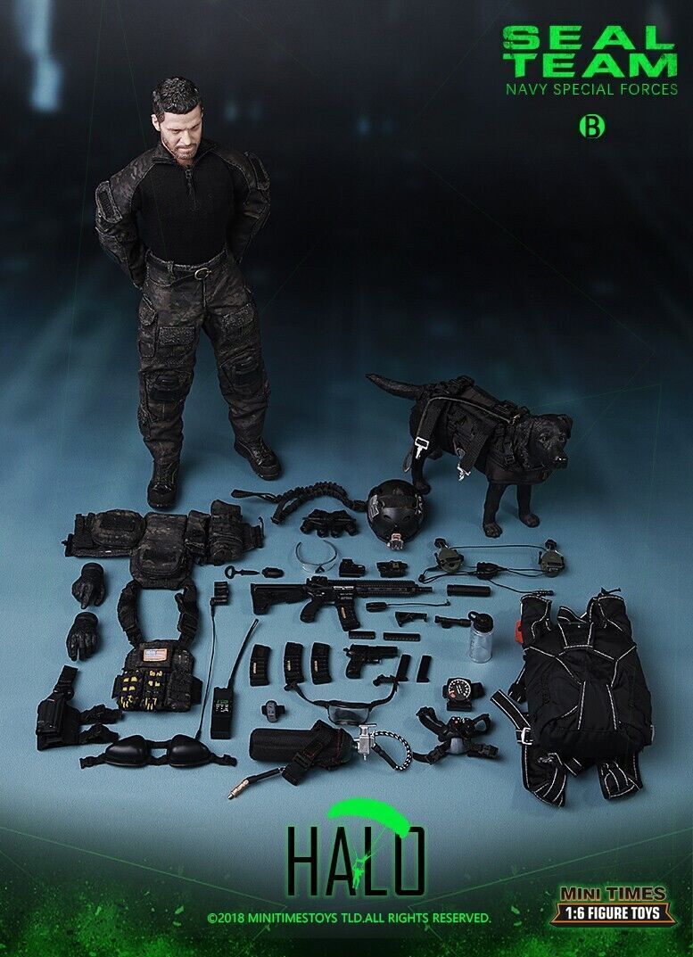 Mini Times toys Navy Special Forces Seal Team HALO w/ K-9 Dog 1/6