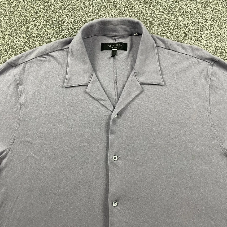 Rag & Bone Shirt Men Large Purple Button Up Camp Cotton Linen Knit Short Sleeve - Image 2 of 4