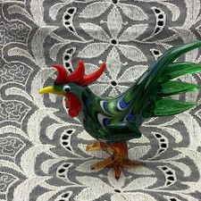 Murano Style Hand Blown Art Glass Rooster Figurine Green Blue white Swirl READ
