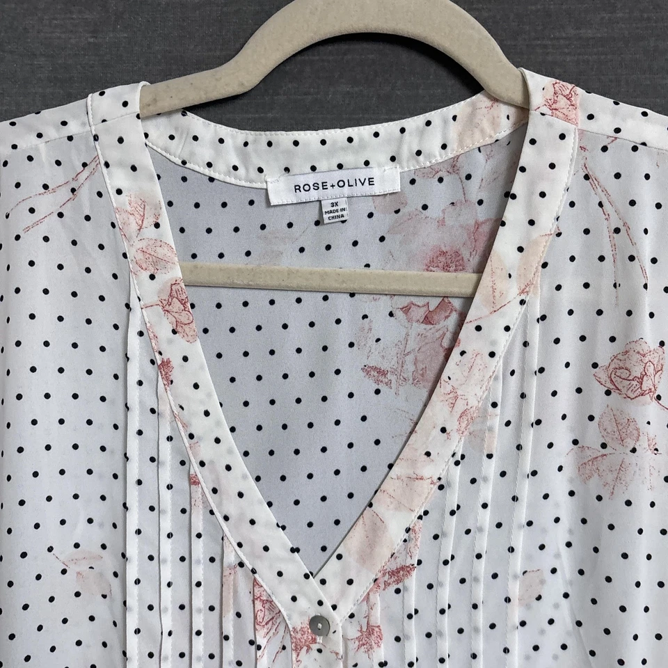 Top Rosa Oliva 3X Blanco Rosa Floral Lunares Popover Túnica Fluida Romántico Trabajo Foto 2 de 4