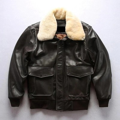 Sheepskin Leather Jacket with Fur Collar | Genuine Sheepskin Bomber Jacket coat