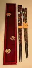VTG Black Lacquer Mother of Pearl Abalone Inlay Chop Sticks W/wood Box Japanese