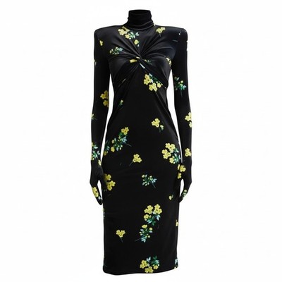 Richard Quinn Black Velvet Floral Glove Sleeve Turtleneck Midi Dress Made in UK