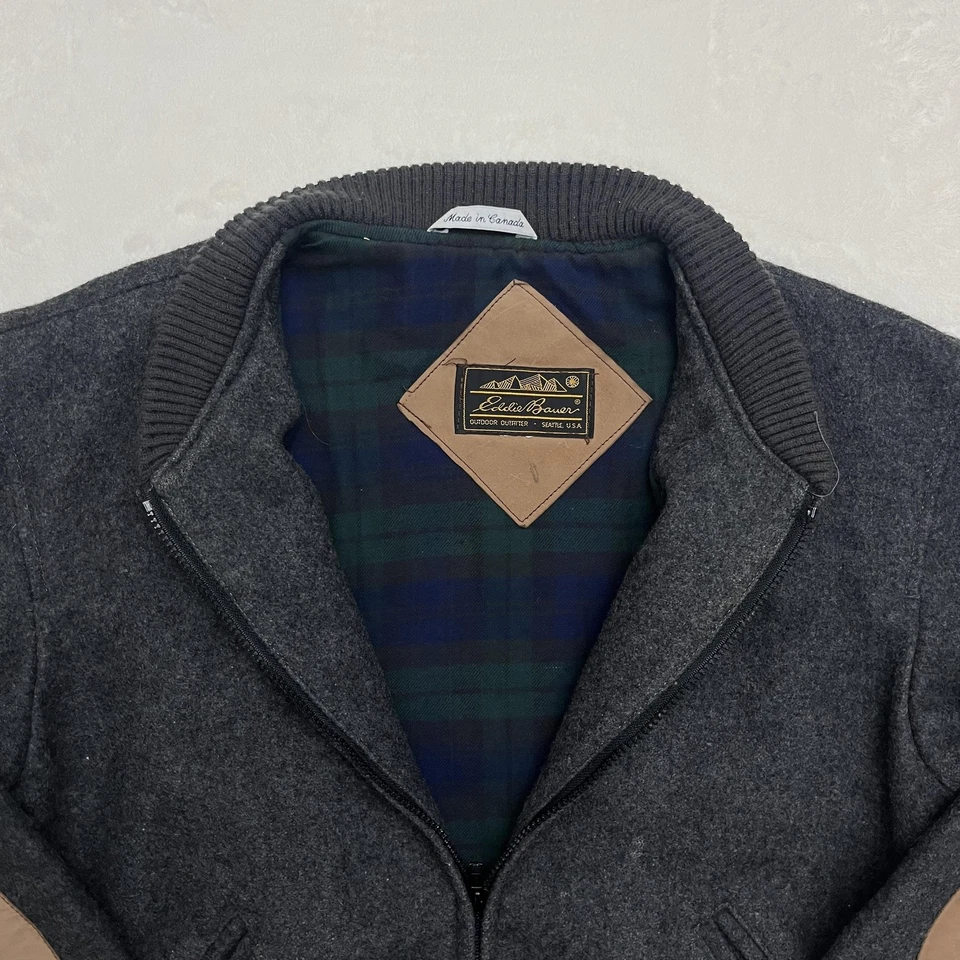 Chaqueta Eddie Bauer Para Hombre Gris Medio Lana Bombardero Hecha en Canadá Gamuza Parche Codo Foto 2 de 4