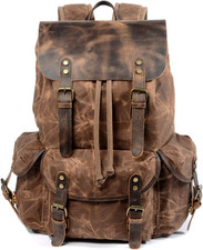 Leather Backpack for Men, Waxed Canvas Shoulder Rucksack Carry-On Travel Backpac