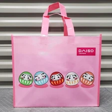 Daruma Dolls Reusable Grocery Shopping Tote Bag Pink Daiso Japan 15 x 12 x 8 in