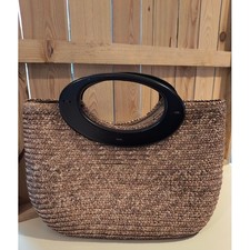 Straw Woven Tote Bag Vintage Oval Wooden Handle Summer Bag