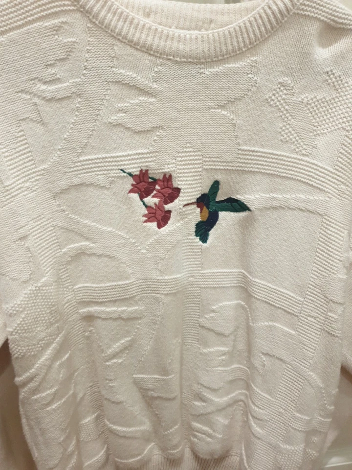 Suéter De Colección Isla De Algodón Para Hombre Grande Con Flor Colibrí Cuello Redondo EE. UU. 90s Foto 2 de 4