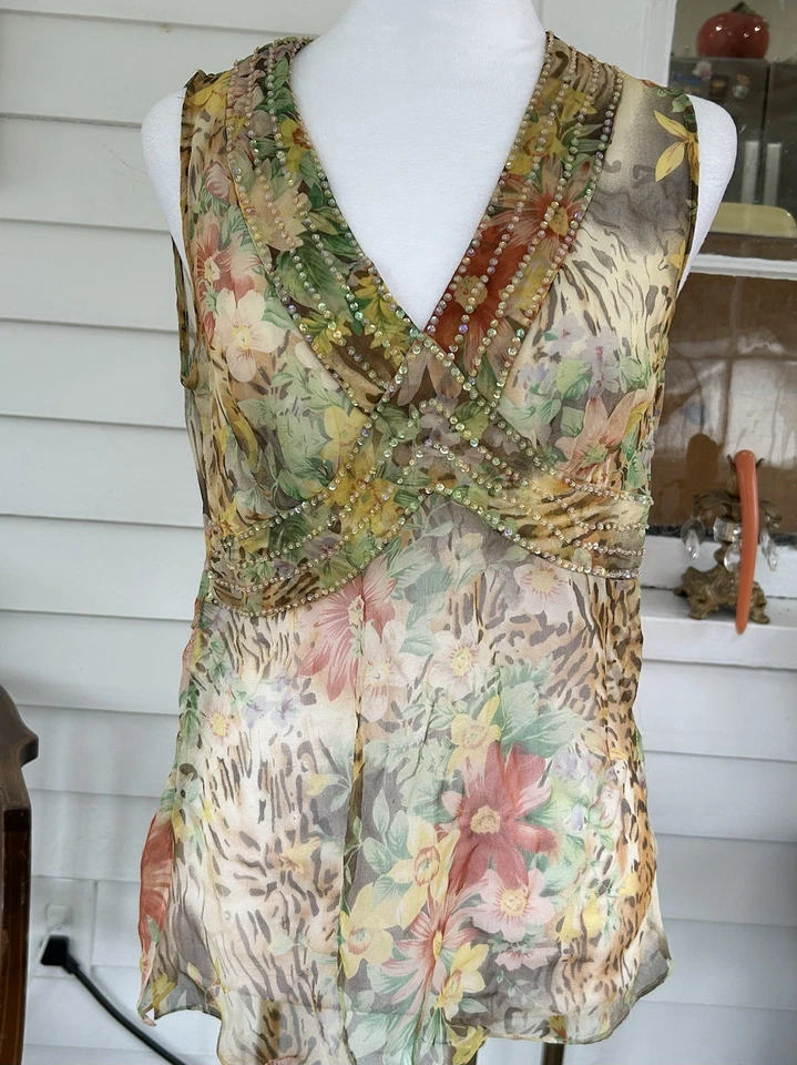 Y2k vintage floral animal print rhinestone silk tank top ECI New York size small - Image 2 of 4
