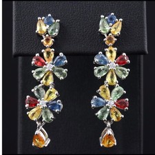 STERLING SILVER 925 MULTI-COLOR SAPPHIRES W/CUBIC ZIRCONIA DANGLE EARRINGS