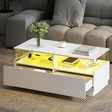 Wohnzimmertisch Couchtisch mit LED Beleuchtung Beistelltisch 2 Schubladen 108x50