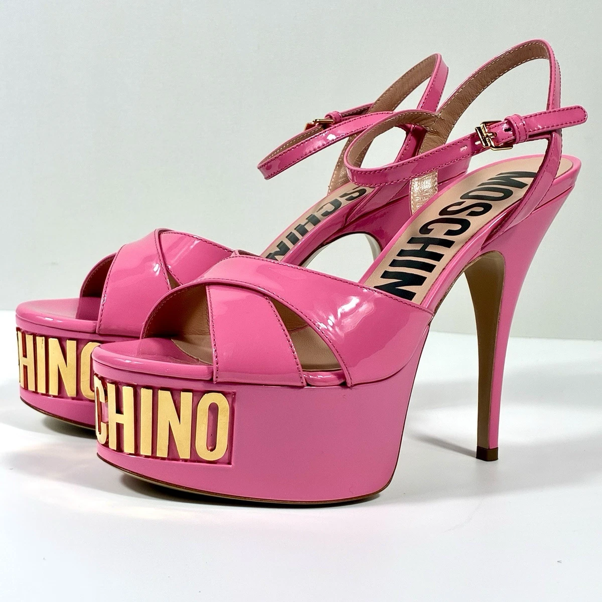 Moschino Logo Leather Platform Stiletto Sandals Heels Pink Gold
