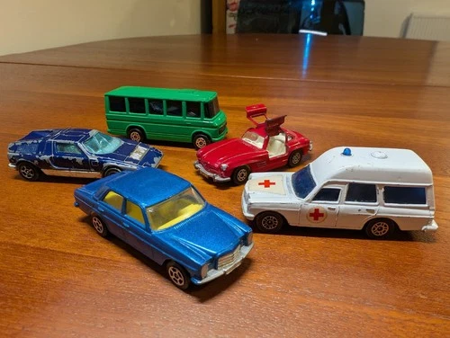 Vintage Corgi Juniors model cars, Mercedes 240D 300SL C111 ambulance bus rockets