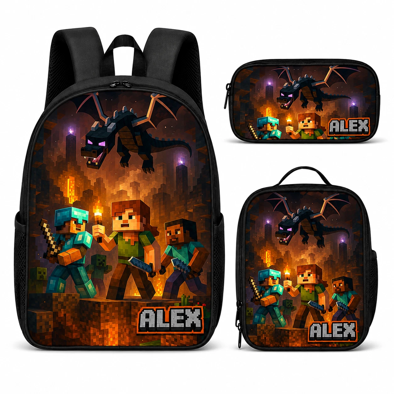 Custom Name Backpack Lunch Bag Pencil Case Set Pixel Block Warrior Gaming Bag