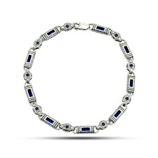 Blue Sapphire Gemstone Byzantium Handmade 925 Silver Chain Link Men's Bracelet