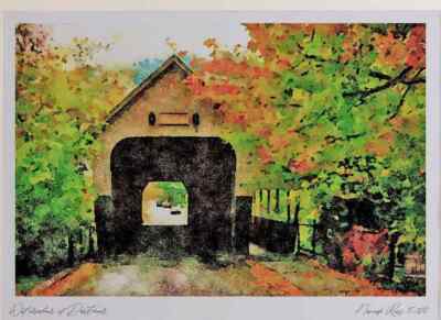 791025 Überdachte Brücke mit Herbstlaub Woodstock Vermont USA A4 Aquarell