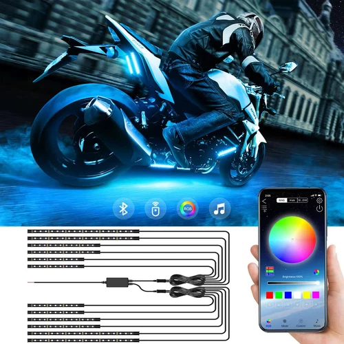 12PCS Motorcycle RGB LED Strip Light Under Glow Neon Kit Bluetooth APP Control