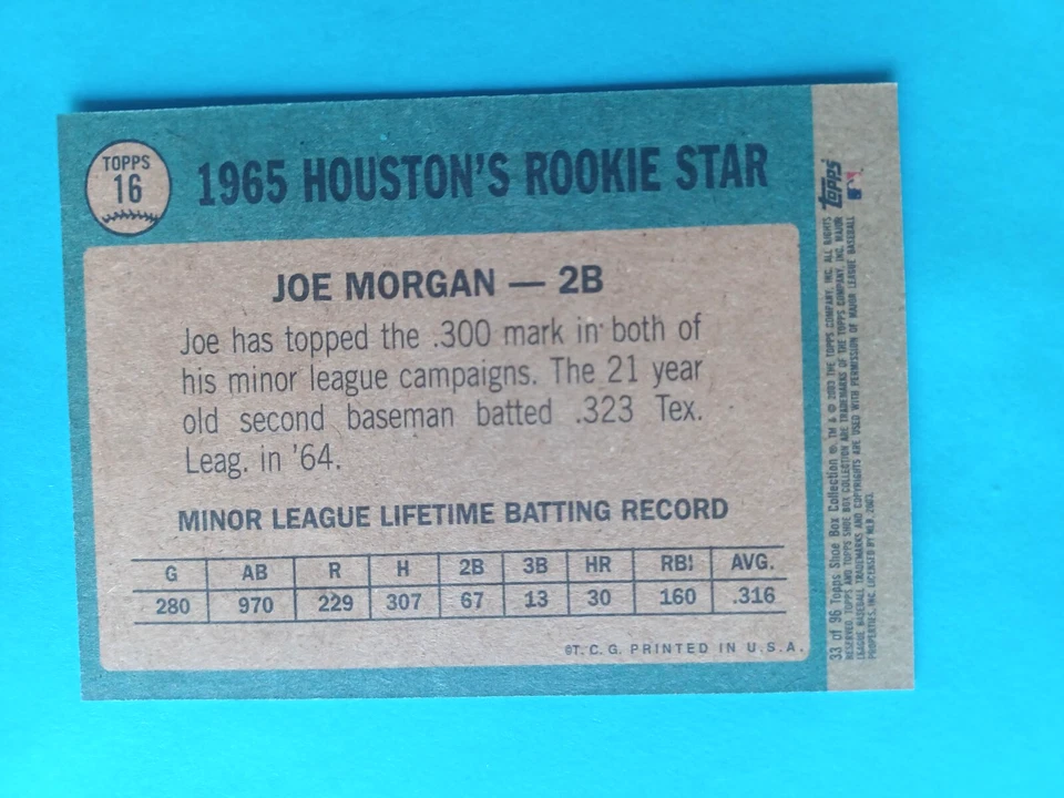 2003 TOPPS SHOEBOX COLLECTION JOE MORGAN #33 1965 RC REPRINT #16 HOUSTON - Image 2 of 2