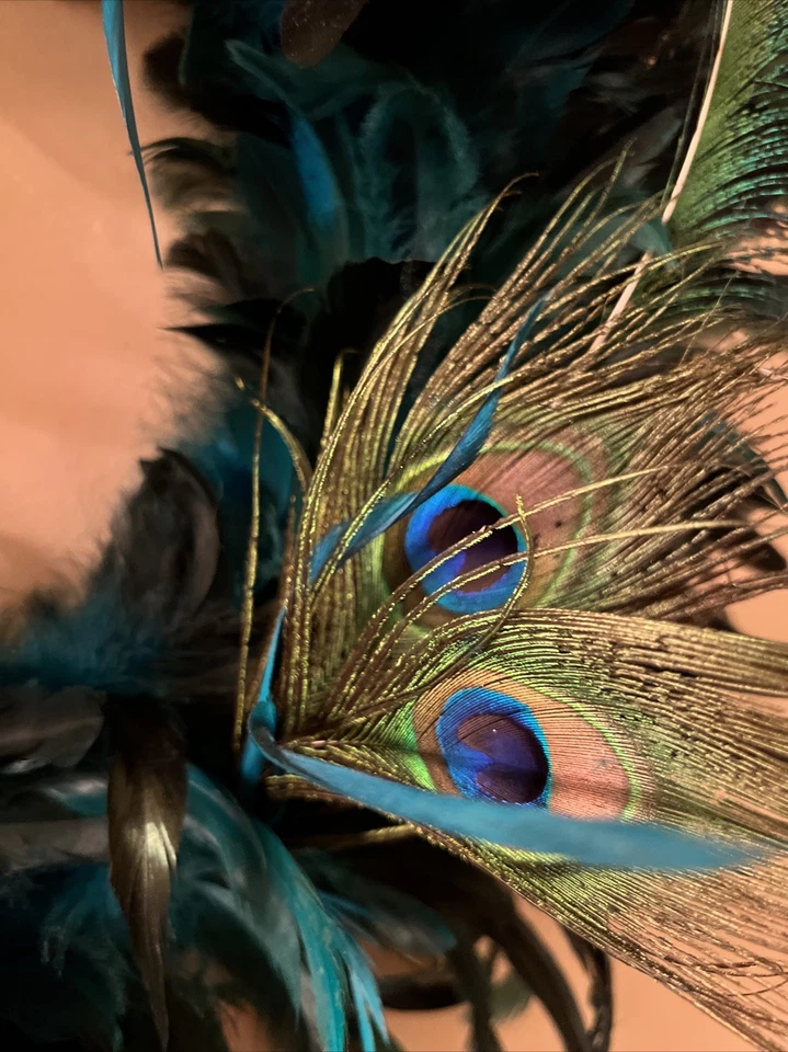 Feather Wreath Black Feather green Peacock Feather Accents 17" blue decor wall - Image 3 of 4