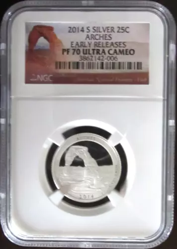 2014-S Arches Silver Quarter, NGC PF 70 Ultra Cameo, Early Release