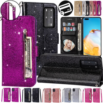 For Huawei P40 P30 P20 Mate 50 20 Lite Glitter PU Leather Case Wallet Flip Cover