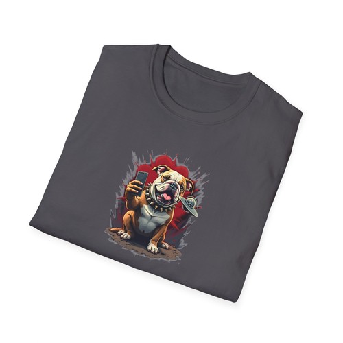 Bulldog Taking Selfy with Flying Saucer, Alien, Funny, Dogs, Softstyle T-Shirt - Picture 13 of 17