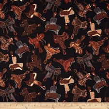 Wild West Fabric - Cowboy Saddle Toss on Black - Benartex YARD