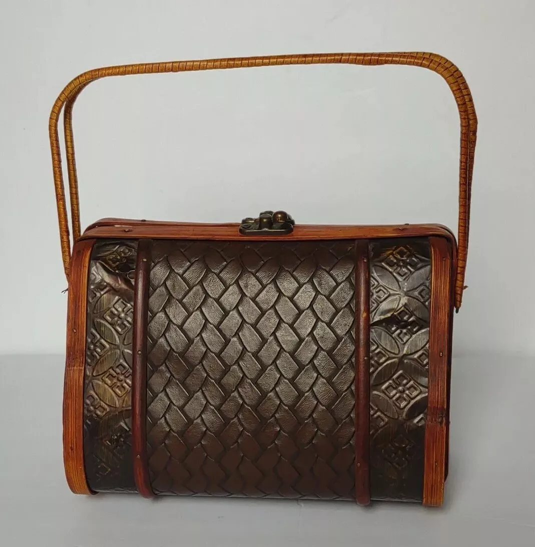 Women s Vtg Handmade Leather Wicker Bag Lock Wood Chest Satchel