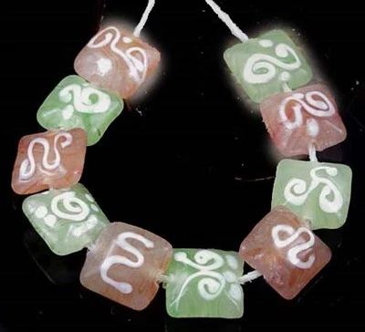 10 Lampwork Handmade Glass Green Orange Scroll Square Beads 12mm - image 1 of 2