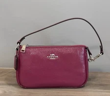 COACH CW408 Nolita 19 In Crinkle Patent Leather Wristlet Wallet Bag Silver/Pink