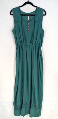 Mathilda Jane women's large green rayon maxi fit & flare eyelet trim dress NEW