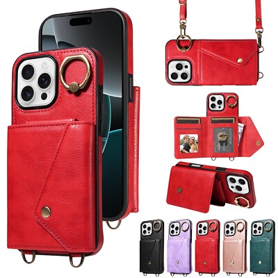 For iPhone 16 15 14 Plus 13 12 11 Pro Max Strap Wallet Card Leather Phone Case