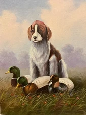 Oil Painting 12x16" Realistic dog sitting with ducks in grass