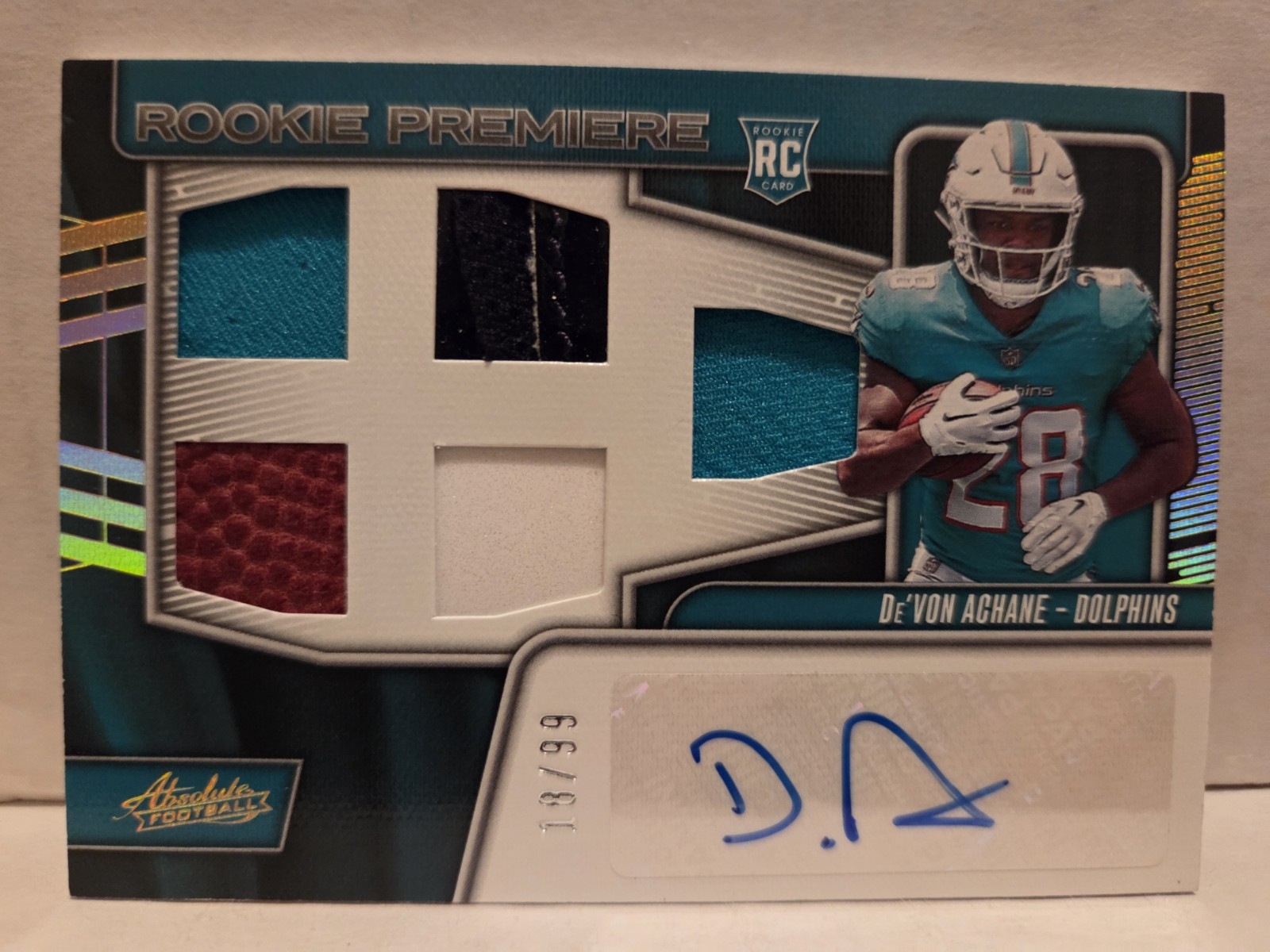 De'Von Achane 2023 Panini Absolute Rookie Premiere Patch Auto /99 Dolphins