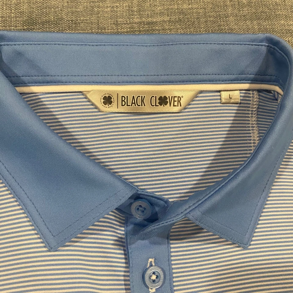 Camisa polo de golf negra a rayas azules manga corta talla L trébol de la suerte para hombre Foto 2 de 4