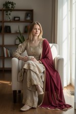 Beige Maroon Cotton Salwar Kameez Embroidered Women's Traditional Indian Outfit