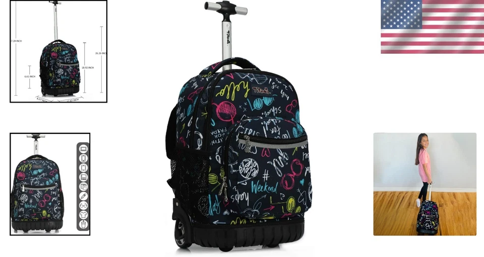 Mochila duradera con ruedas de 19 pulgadas para niños y niñas - perfecta para viajes escolares Foto 2 de 4