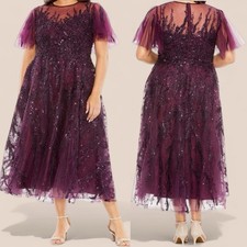 Mac Duggal 20477 | Sequin Plum Midi Dress | Flutter Sleeve | 24W